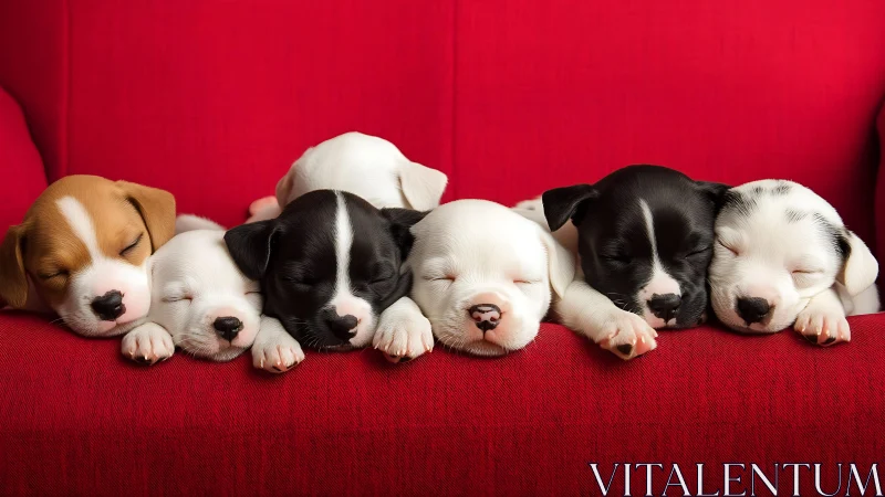Symmetrical row of sleeping multicolored puppies on red sofa