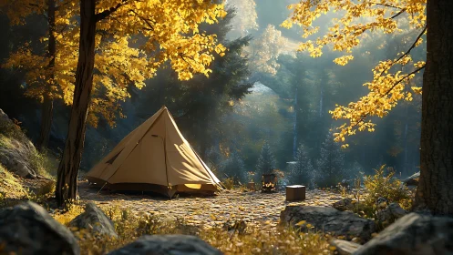 Golden autumn forest retreat: canvas tent under luminous canopy.