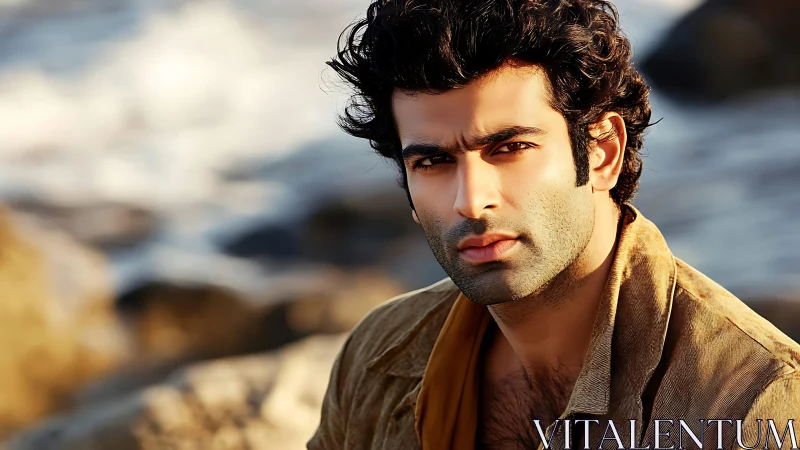 Brooding young man gazes at camera by rocky shoreline.