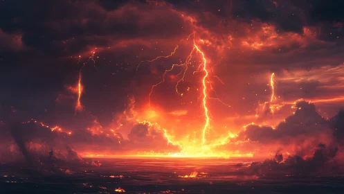 Fiery storm sky pours molten lightning over a glowing sea