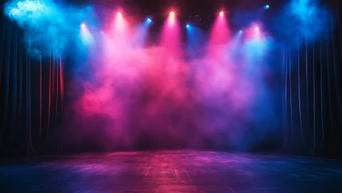 Empty stage with colored spotlights and theatrical smoke.