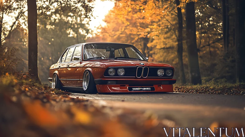 Golden-hour autumn drive highlights a classic red BMW sedan
