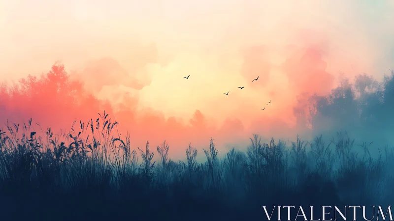 Pastel sunrise glows through misty reeds and distant trees