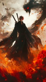 Blade-borne warrior amid infernal flames and looming shadow spirit.