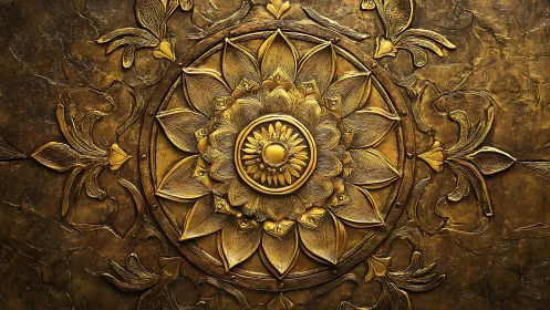 Gold relief mandala shows layered petals and floral ornament
