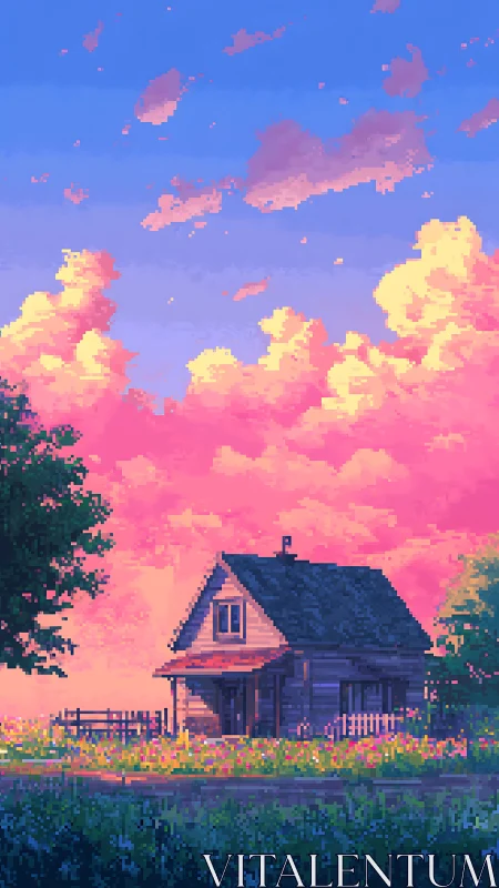 Pixel cottage under vivid pink sunset clouds.