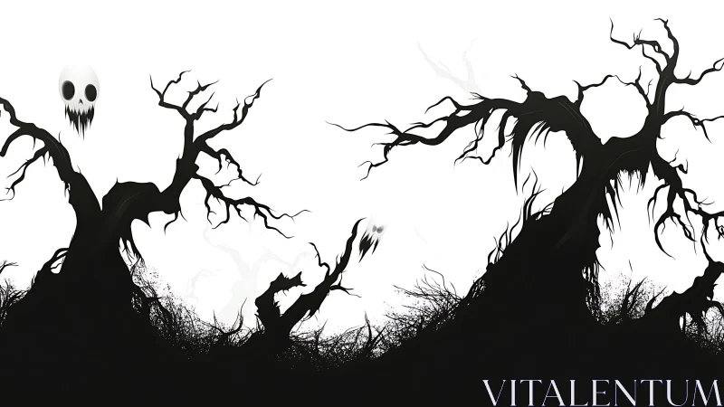 Haunted twisted trees silhouette with ghostly skull spirits.
