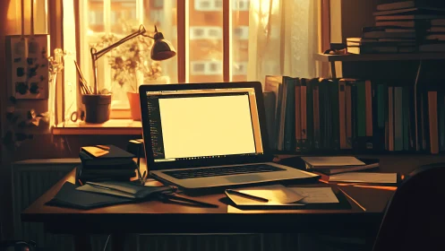 Warm home workspace glows under soft late afternoon light.