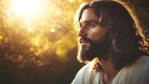 Photorealistic reverent portrait in golden backlight profile.