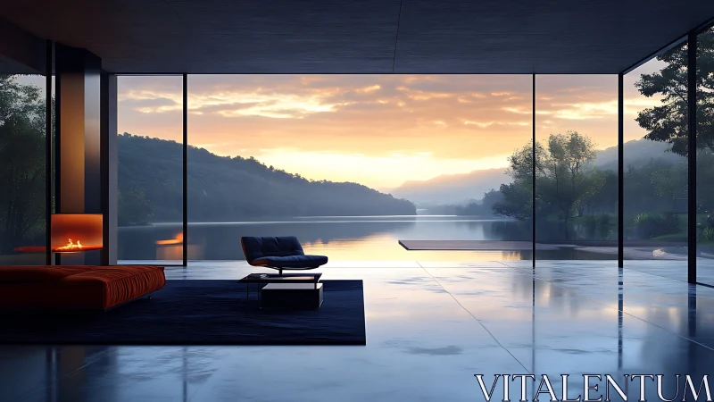 Modern glass lake house interior embraces sunrise panorama