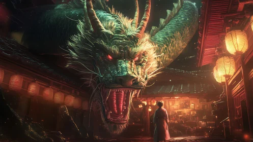 Emerald dragon towers over lantern-lit alleyway at night