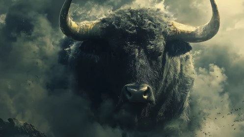 Storm-forged celestial bull emerges from roiling cloud armor