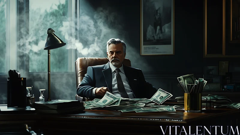 Powerful executive in smoky office surrounded by cash stacks.