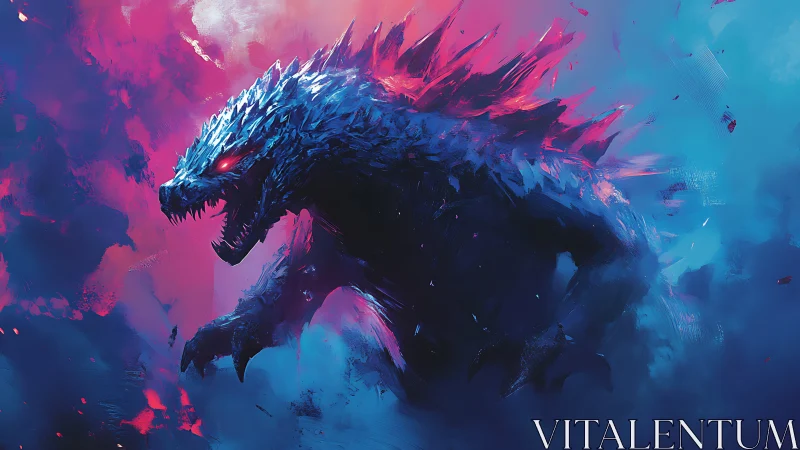 Roaring neon kaiju emerging from swirling cosmic clouds.