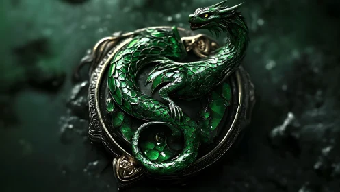 3D emerald dragon insignia in coiled medallion relief composition.