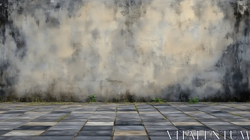 Weathered concrete wall with tiled pavement foreground.