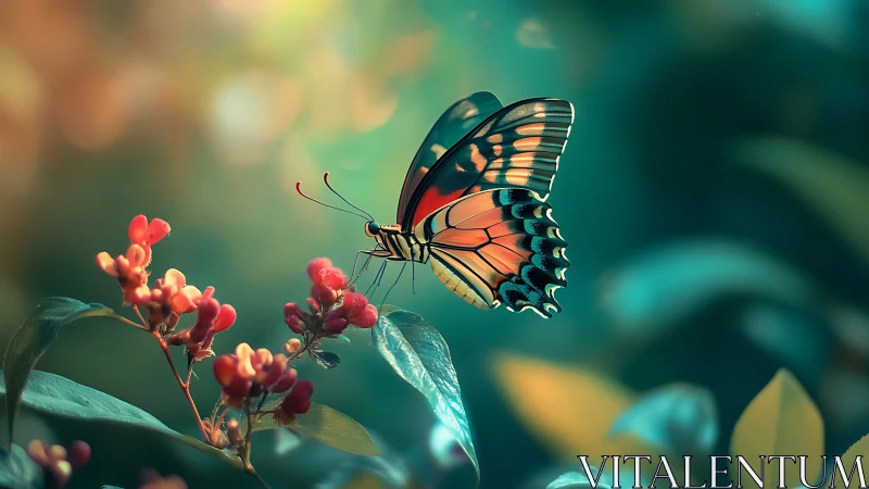 Butterfly in side view above red flowers in soft garden light.
