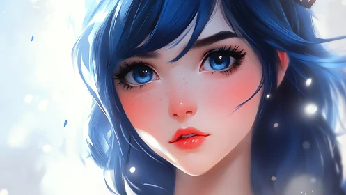 Blue haired anime girl portrait with detailed facial focus.