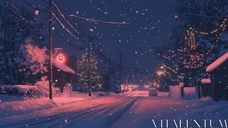 Snowy winter street glows under soft holiday lights.