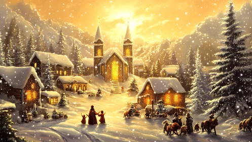 Snow-covered village and church at sunset in winter landscape.