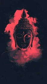 Silent Buddha drifts upward through ember-tinted cosmic mist