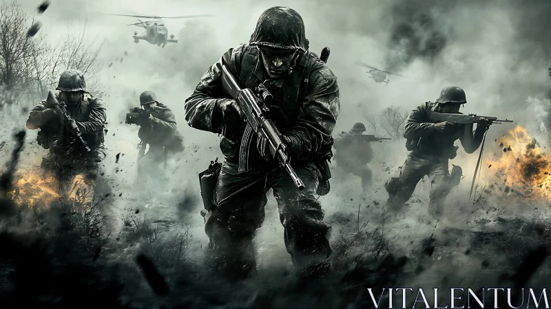 Infantry squad advances through smoky battlefield under helicopter cover