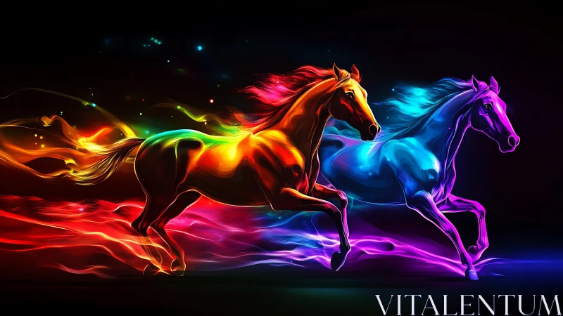 Spectral equine motion rendered as neon fluid dynamics.