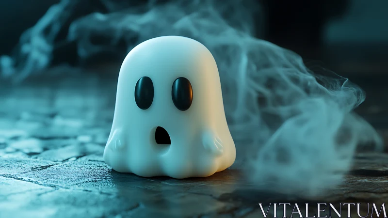 Small ghost-shaped figure stands on textured stone ground