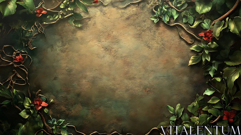 Enchanted leafy frame with red blooms and rustic backdrop.