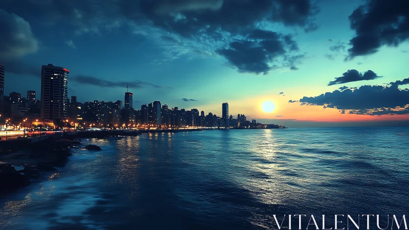 City lights meet quiet tide under a teal sunset sky.