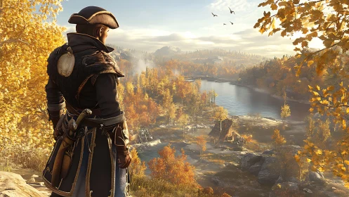 Tri-cornered explorer surveys volumetric-lit autumn river valley