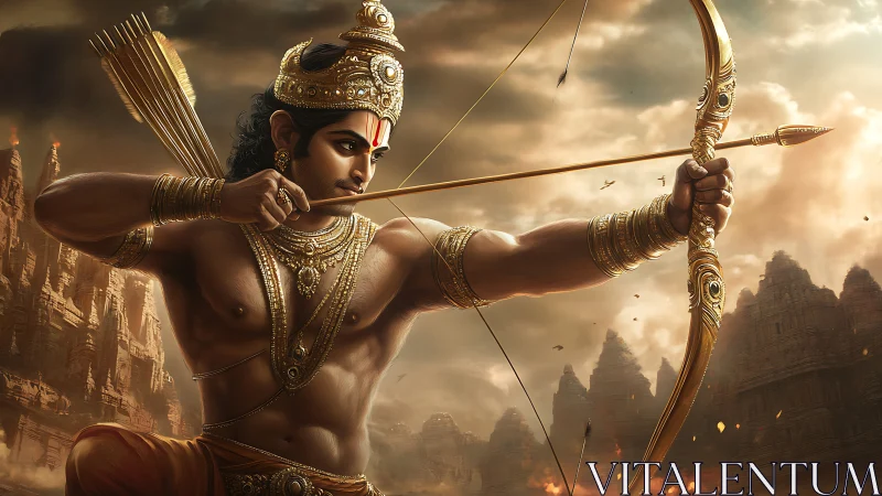 Warrior archer in ornate armor draws golden bowstring tightly