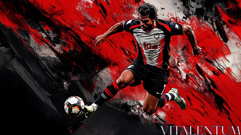 Dynamic soccer striker leaps through abstract red energy field