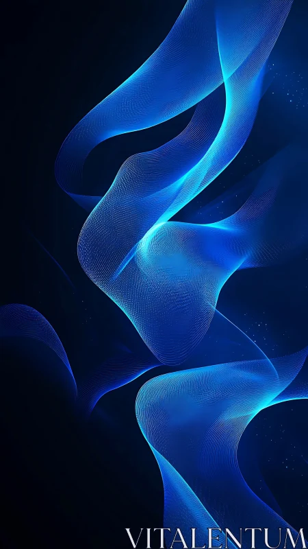 Digital painting of luminous blue ribbon waves on dark field.
