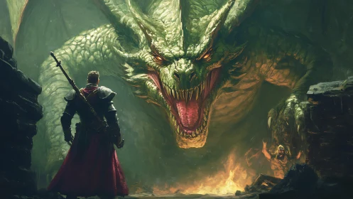 Armored warrior confronts massive green dragon in cavern