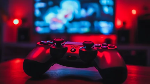 Game controller glows in neon red and blue gaming ambience