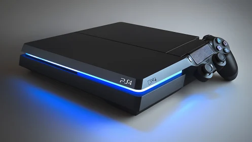 PlayStation 4 Console with Controller and Glowing Blue Lights.