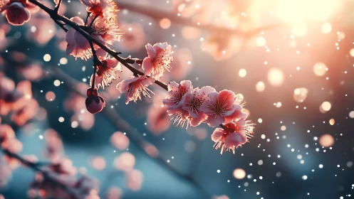 Cherry Blossoms Backlit with Crystalline Bokeh Particles.