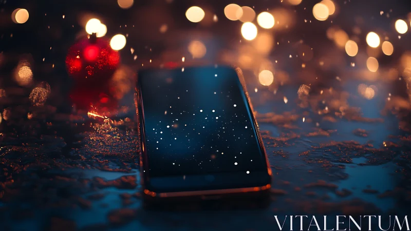 Snowy smartphone glows softly among warm holiday lights