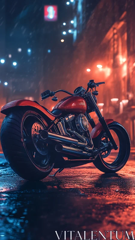 Custom red motorcycle gleams under neon rain-soaked city lights