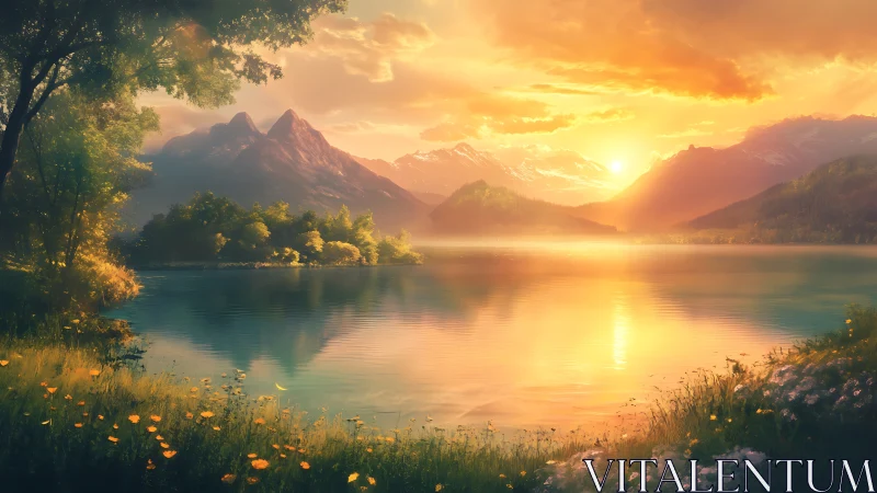 Sun-drenched mountain lake dreaming in molten gold hush.