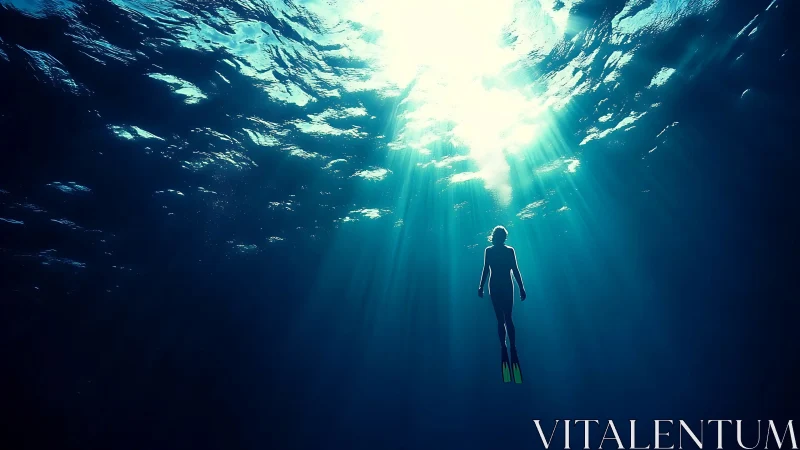Freediver Silhouette Ascends Through Radiant Cyan Light Shafts.