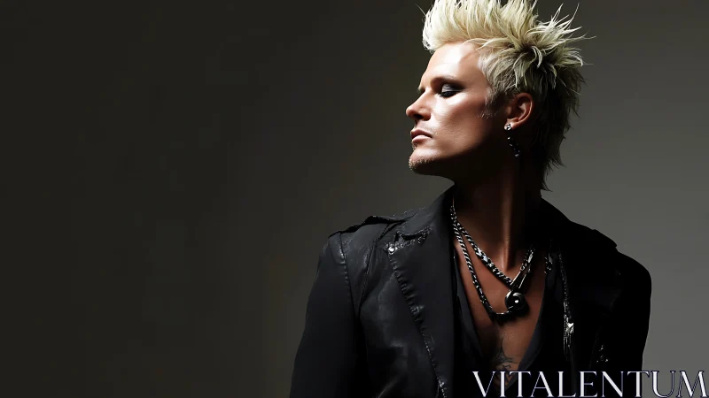 Blond spiky haired man in black jacket, side profile.