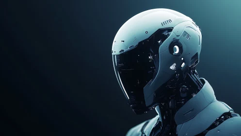 Futuristic combat android helmet with luminous visor profile.