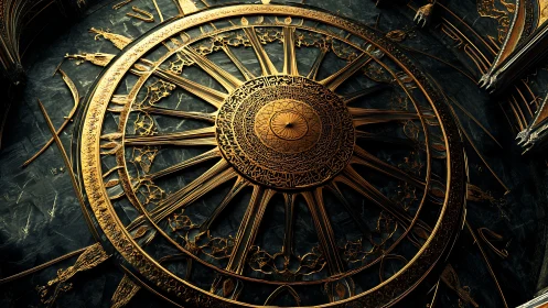 Radial golden ornamental disk with intricate script detailing.