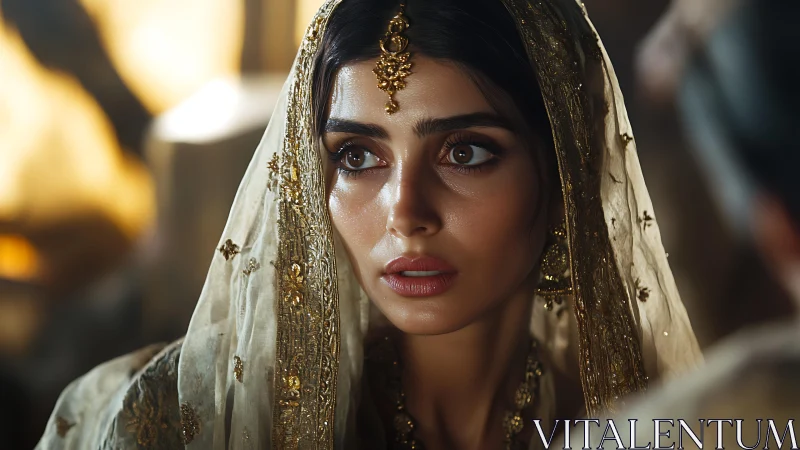 Bride in gilded dupatta under warm cinematic light.