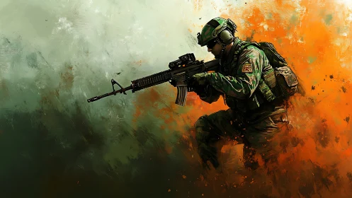 Soldier in combat stance holds rifle amid abstract smoke