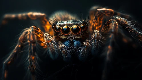 Macro view of detailed jumping spider in dark light.