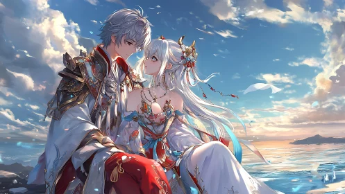 Ornate fantasy couple in detailed anime rendering at coastal sunset