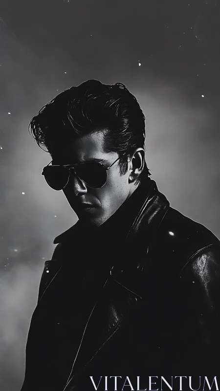 Moody monochrome portrait of man in leather jacket.
